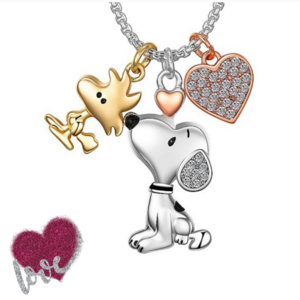 Peanuts Crystal Snoopy, Woodstock & Heart Charm Pendant Necklace